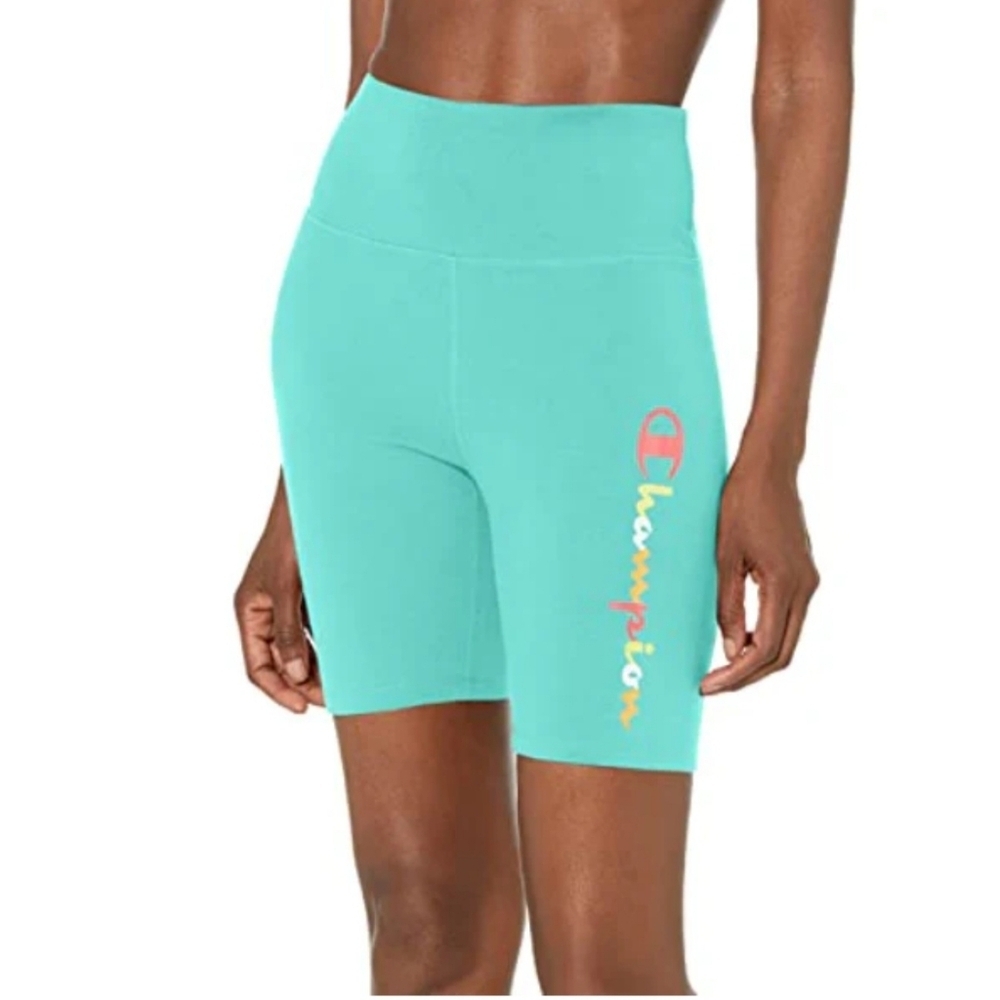 Champion Authentic Bike Shorts Teal Multicolor Logo Sz M